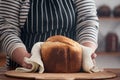 Hands hold homemade fresh bread in a towel Royalty Free Stock Photo