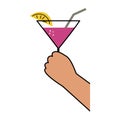 Hands hold martini clinking glass.Cheers toast, festive hand drawn alcohol drink decoration for holidays