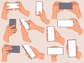 Hands hold mobile phones. People use smartphones, gadgets with empty screens, fingers touching displays, different