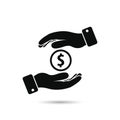 Hands hold money black icon. Saving money vector symbol
