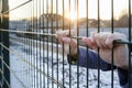 The hands hold onto the metal fence Royalty Free Stock Photo