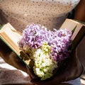 Hands hold an open book on which lies a branch of lilac, lilac flowers on the volume, Royalty Free Stock Photo