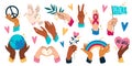 Hands hold peace symbols. Human arms with freedom, love, ecological elements and objects, planet Earth, rainbow, flying Royalty Free Stock Photo