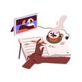 Hands hold pen, take notes. Person watch movie, video on tablet, planning in open notebook, write dreams, ideas