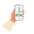 Hands hold phone with save energy icon on screen. Lightbulb with green leaves inside and power mode button Royalty Free Stock Photo