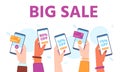 Hands hold phones with sales. Supermarket online discount shopping app. Hand buy in shop with mobile payment. Big sale