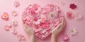 Hands Hold Pink Heart of Flowers in Love Theme, Showing Affection Royalty Free Stock Photo