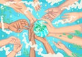 Hands hold the planet, children pull their hands to Earth. Save the planet, Earth day. Vector illustration