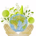 Hands hold planet Earth. Hand drawn illustration. Greenery watercolor. For eco-projects: printing, postcards, posters, banners,