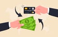 Hands hold a plastic credit card and cash bills. The concept of financial transactions, investmentsm. Royalty Free Stock Photo