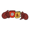 Hands hold red and yellow hiking mugs. Cartoon hands clink glasses. Vector stock illustration of a friendly camping
