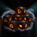 Hands hold secure data storage tech cubes. Digital security systems in image. Network protection, safety concepts visualized.