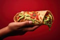 Hands hold Shawarma. Meat, vegetables and salad are wrapped in pita bread. Side view Royalty Free Stock Photo