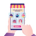 Hands hold smartphone with bakery shop on screen. Different sweets in emarket. Concept of online ordering at bakery and various Royalty Free Stock Photo