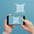 Hands holding smartphone scanning white Q R code on blue background with another Q R code above Royalty Free Stock Photo
