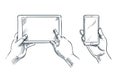 Hands hold smartphone and tablet, sketch illustration. Mobile phone empty screen. Business communications concept
