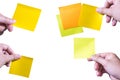 Hands hold sticky note or postit collage on white background Royalty Free Stock Photo