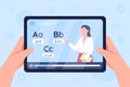 Hands hold tablet with video on english learning flat color vector illustration Royalty Free Stock Photo