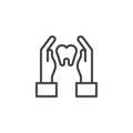Hands hold tooth outline icon