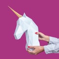 Hands hold a white 3d papercraft model of Unicorn. Minimal Art concept