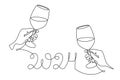 Hands hold wine clinking glasses celebrating 2024 new year,one line art,continuous drawing contour.Cheers toast,festive hand drawn
