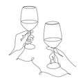 Hands hold wine clinking glasses one line art,continuous drawing contour.Cheers toast festive hand drawn decoration for holidays,