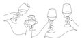 Hands hold wine clinking glasses one line art,continuous drawing contour.Cheers toast festive hand drawn decoration for holidays,