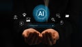 Hands Holding AI Command Prompt with Digital Icons Representing Technology, Innovation, and Data Processing for Modern Royalty Free Stock Photo