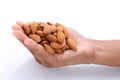 Almonds in hands.Almond Nuts ,raw food