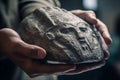Hands holding ancient stone with deity face. Generate ai
