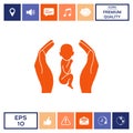 Hands holding baby, protection symbol.