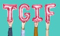 Hands holding balloons spellingthe word TGIF