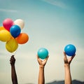 Hands holding balls and balloons up to sky