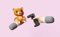 Hands holding barcode scanner with teddy bear,price tags isolated on pink background,3d illustration or 3d render Royalty Free Stock Photo