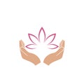 Hands holding a beautiful pink lotus flower for logo design isolated on white background Royalty Free Stock Photo