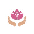 Hands holding a beautiful pink lotus flower for logo design isolated on white background Royalty Free Stock Photo