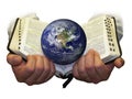 Hands holding Bible and Globe - WHITE Royalty Free Stock Photo