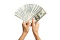 Hands holding a 100 bill . Hands holding a lot of money . Royalty Free Stock Photo