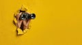 The Hands Holding Binoculars Peeking Through a Hole in Yellow Wall. AI generated image Royalty Free Stock Photo