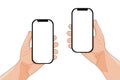 Hands holding a black smartphone. the phone has a blank white screen. people using a mobile phone. vector