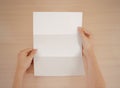 Hands holding blank white brochure booklet in the hand. Leaflet Royalty Free Stock Photo