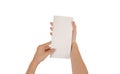 Hands holding blank white brochure booklet in the hand. Leaflet Royalty Free Stock Photo