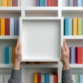 Hands Holding Blank White Frame in Colorful Bookshelf Setting Royalty Free Stock Photo