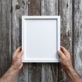 Hands Holding Blank White Picture Frame on Rustic Wooden Background Royalty Free Stock Photo