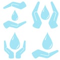 Hands holding blue water drop vector illustration set isolated on white background. Royalty Free Stock Photo