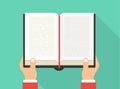 Hands holding book. Reading book concept. Book icon in flat style.