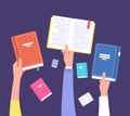 Hands holding books. Public library, literature and readers. Education and knowledge vector concept