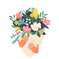 Hands holding bouquet of flowers with a note For you. Vector design concept for Valentines Day and other users. Vector