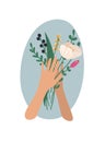 Hands holding bouquets or bunches of blooming flowers. Vector illustration