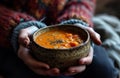 hands holding bowl of soup